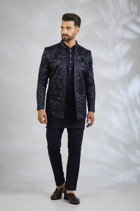 Navy Floral Embroidered Indowestern Set