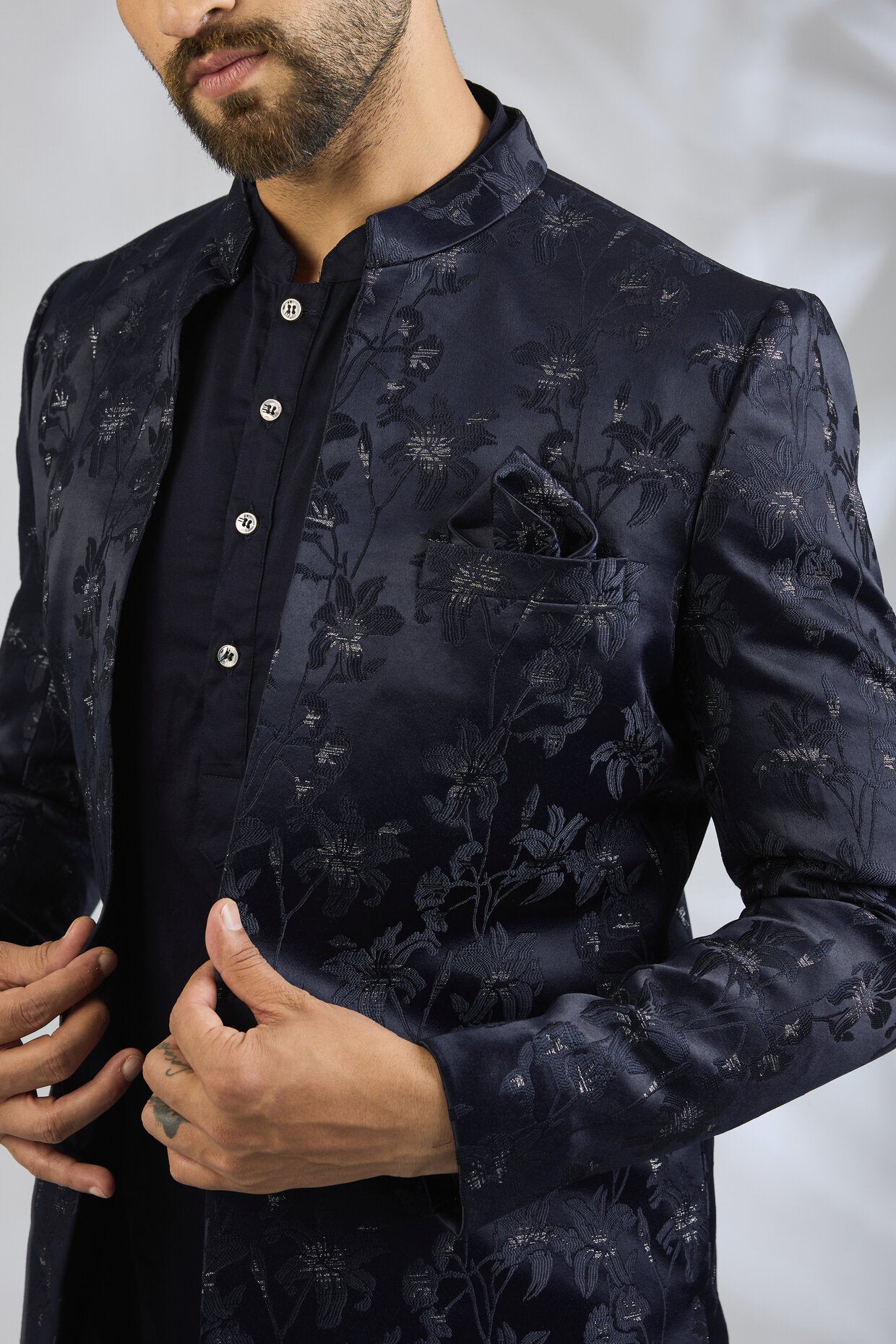 Navy Floral Embroidered Indowestern Set