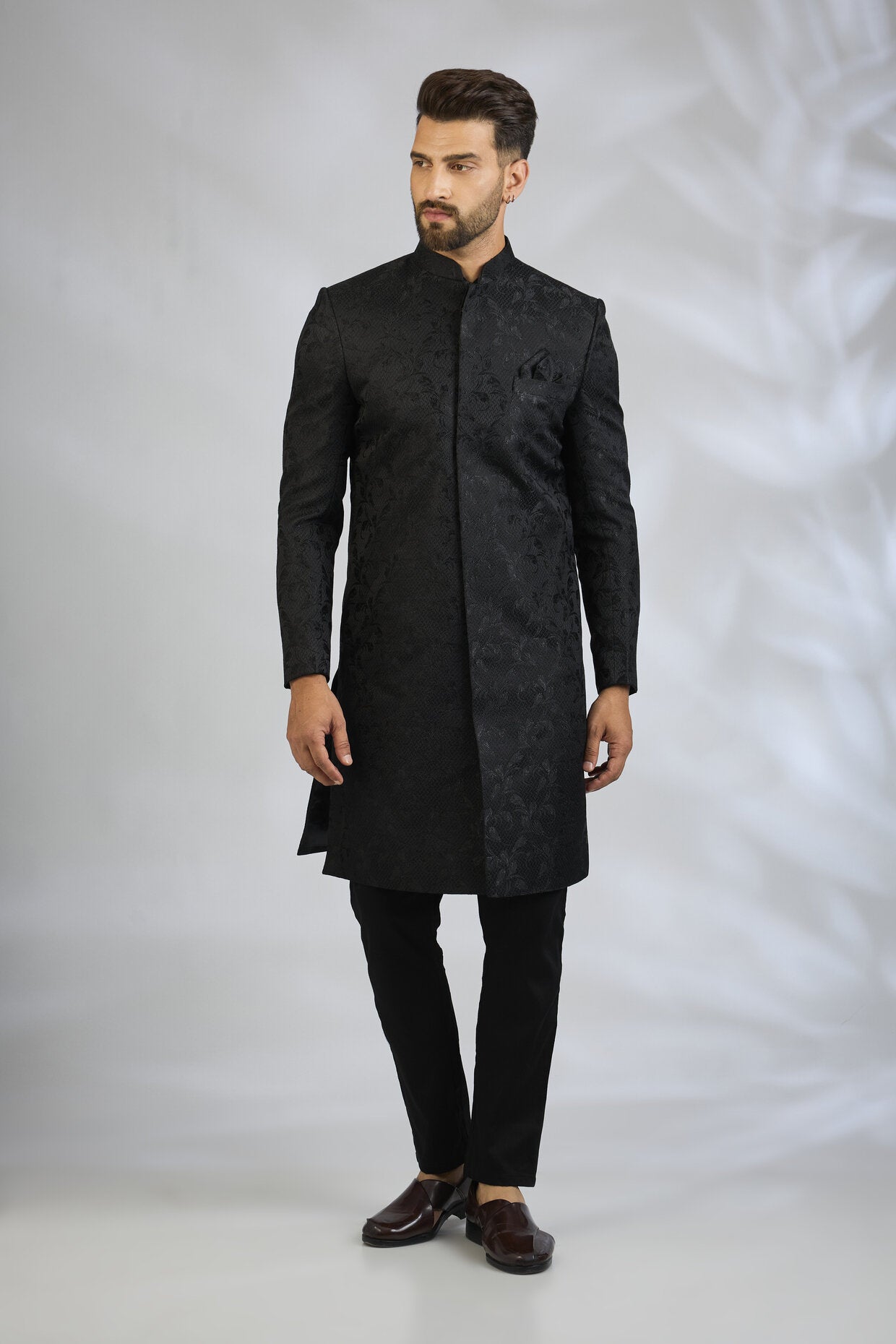 Black Botanical Sherwani Set