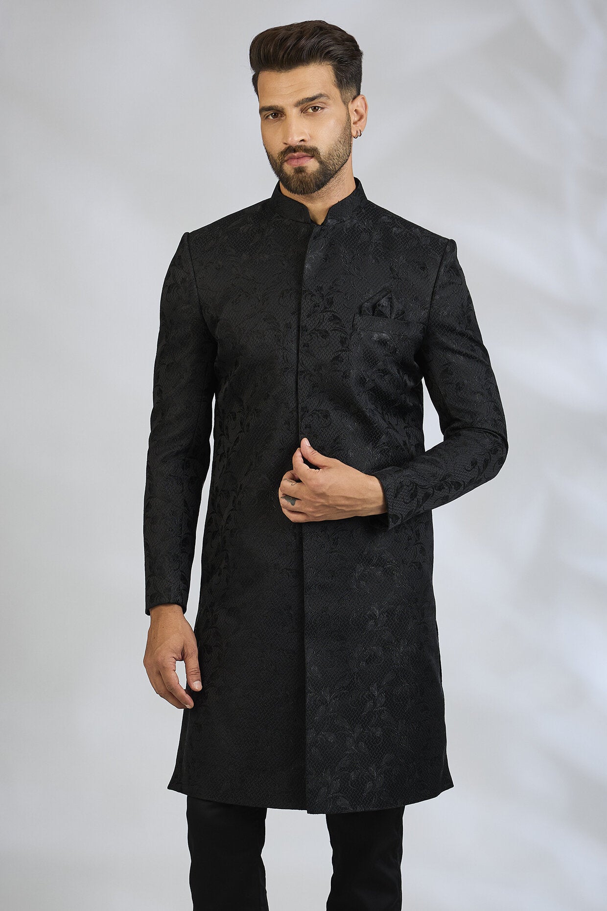 Black Botanical Sherwani Set
