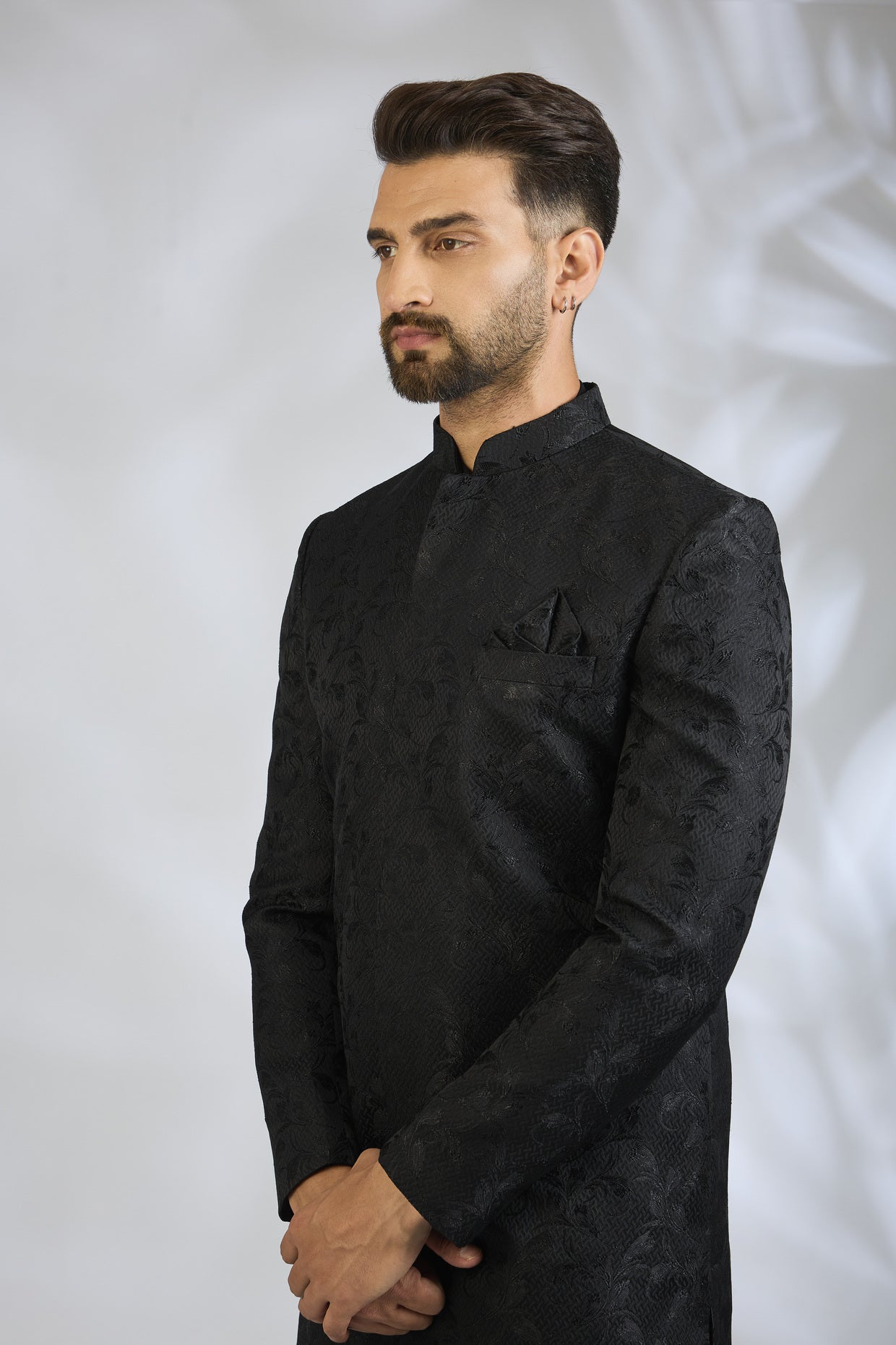 Black Botanical Sherwani Set