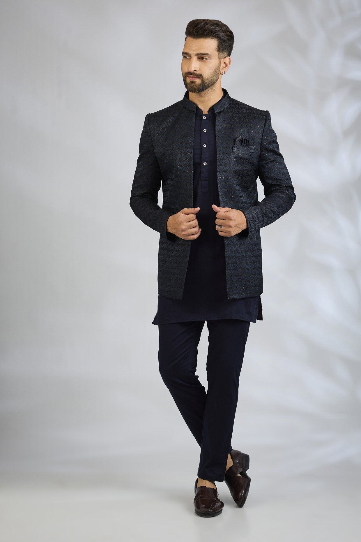 Navy Jacquard Indowestern Set
