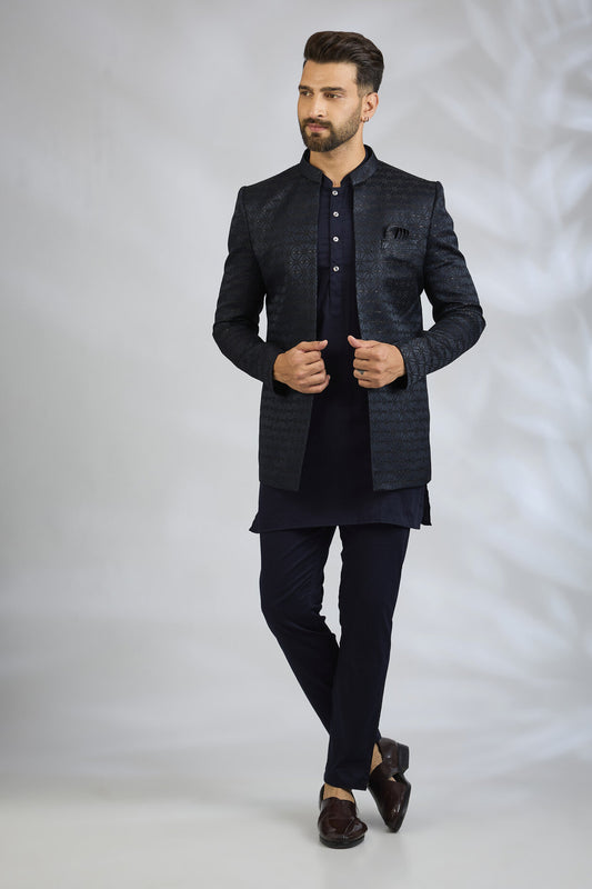 Navy Jacquard Indowestern Set