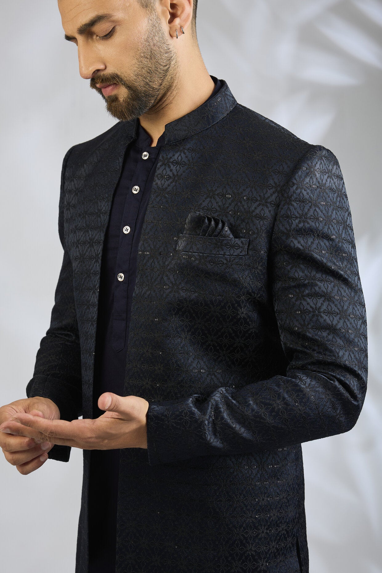 Navy Jacquard Indowestern Set