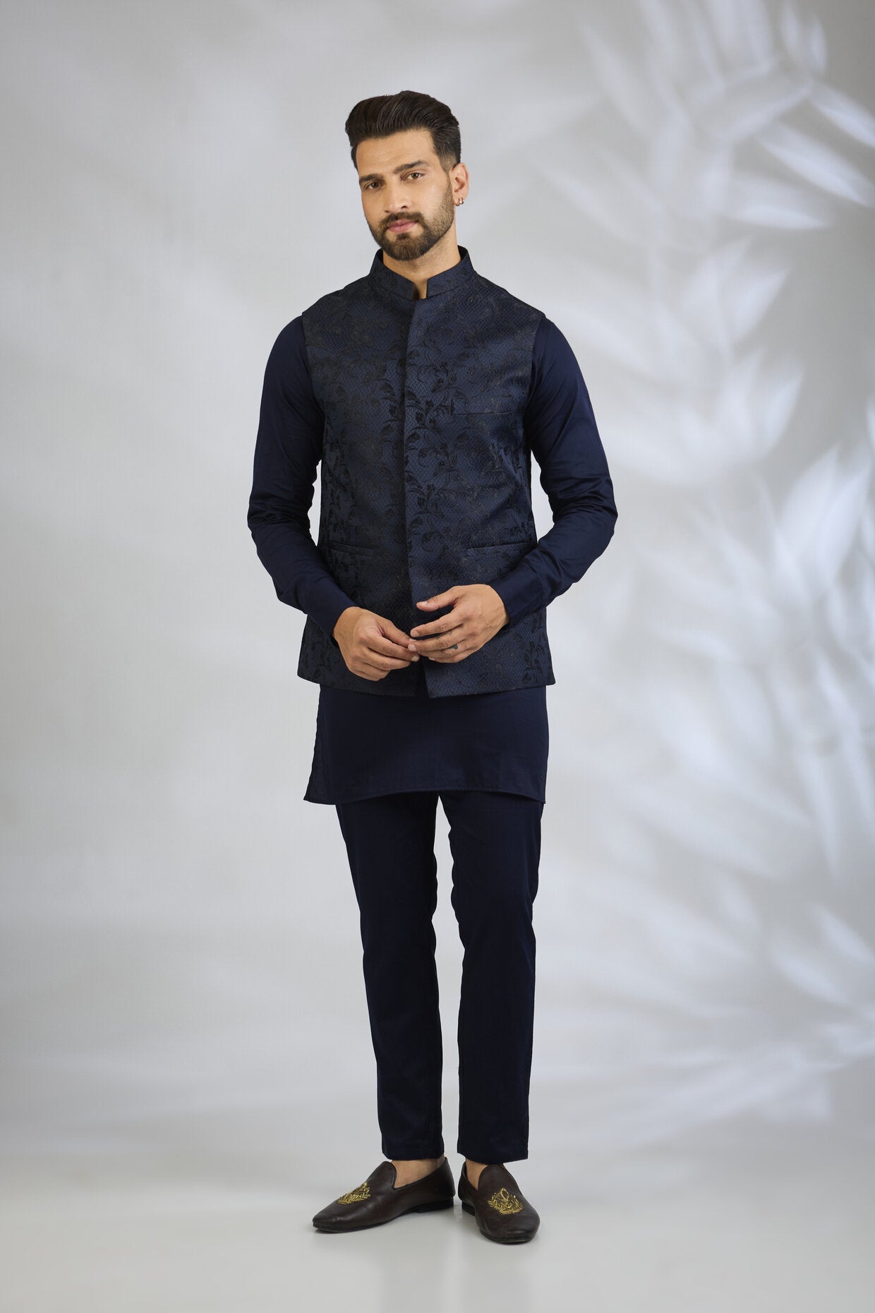 Navy Botanical Embroidered Bundi Jacket Set