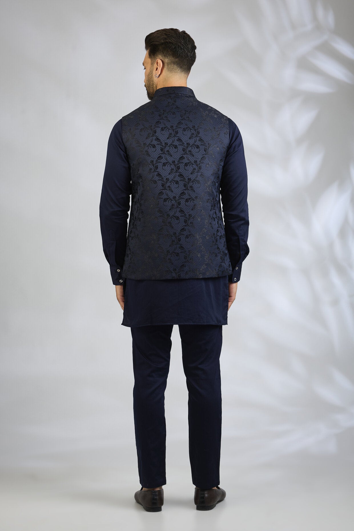 Navy Botanical Embroidered Bundi Jacket Set