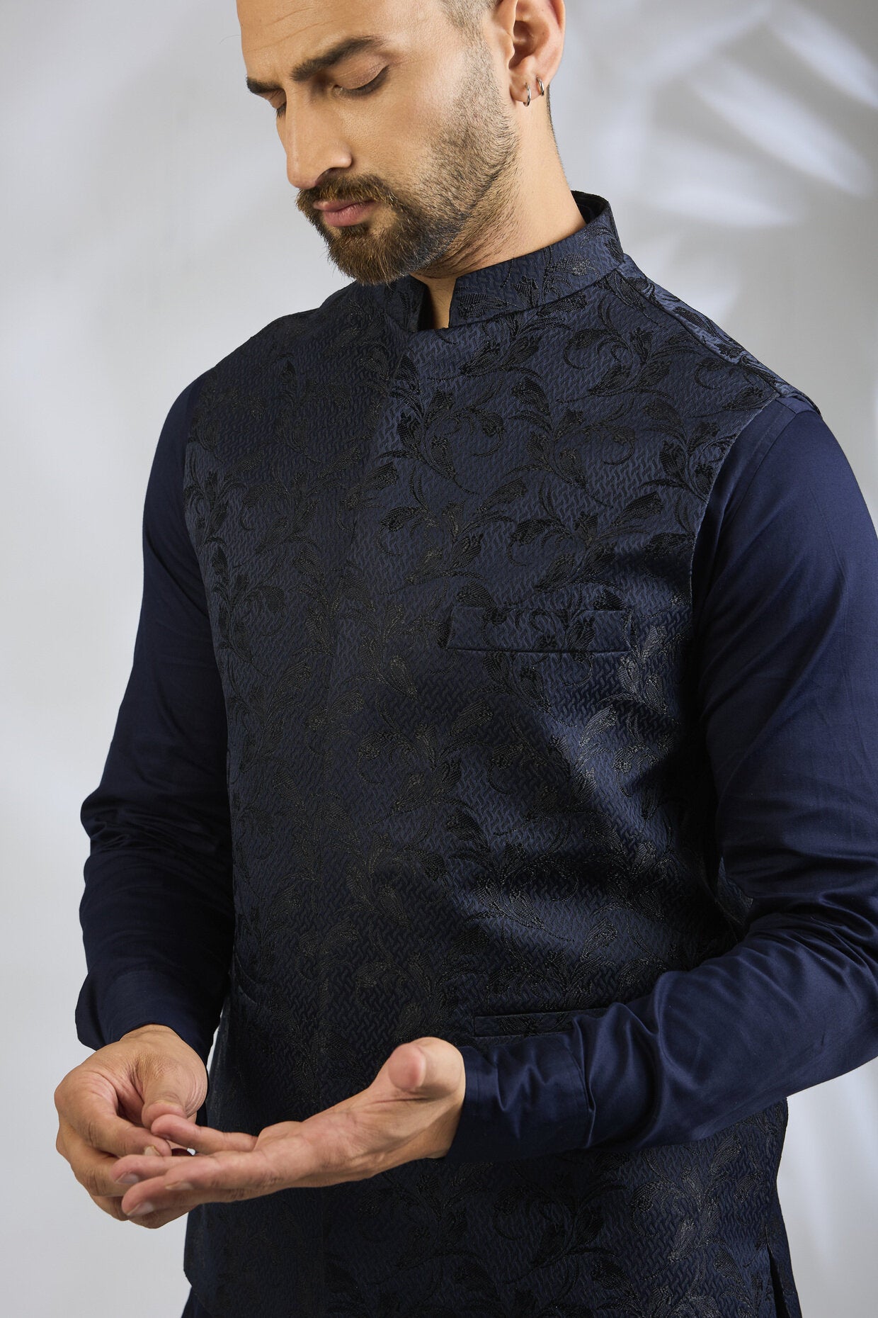 Navy Botanical Embroidered Bundi Jacket Set