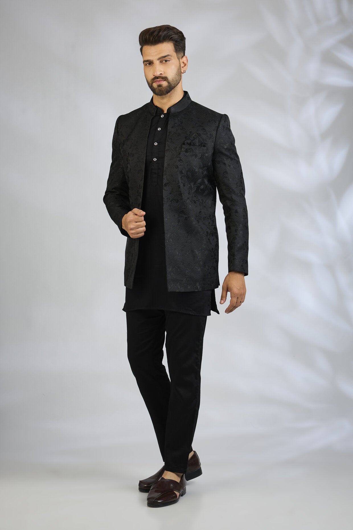 Black Botanical Embroidered Indowestern Set