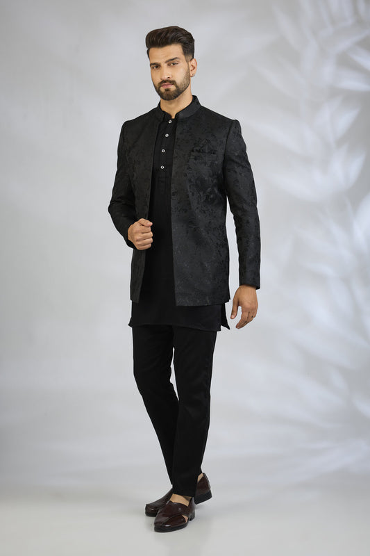 Black Botanical Embroidered Indowestern Set