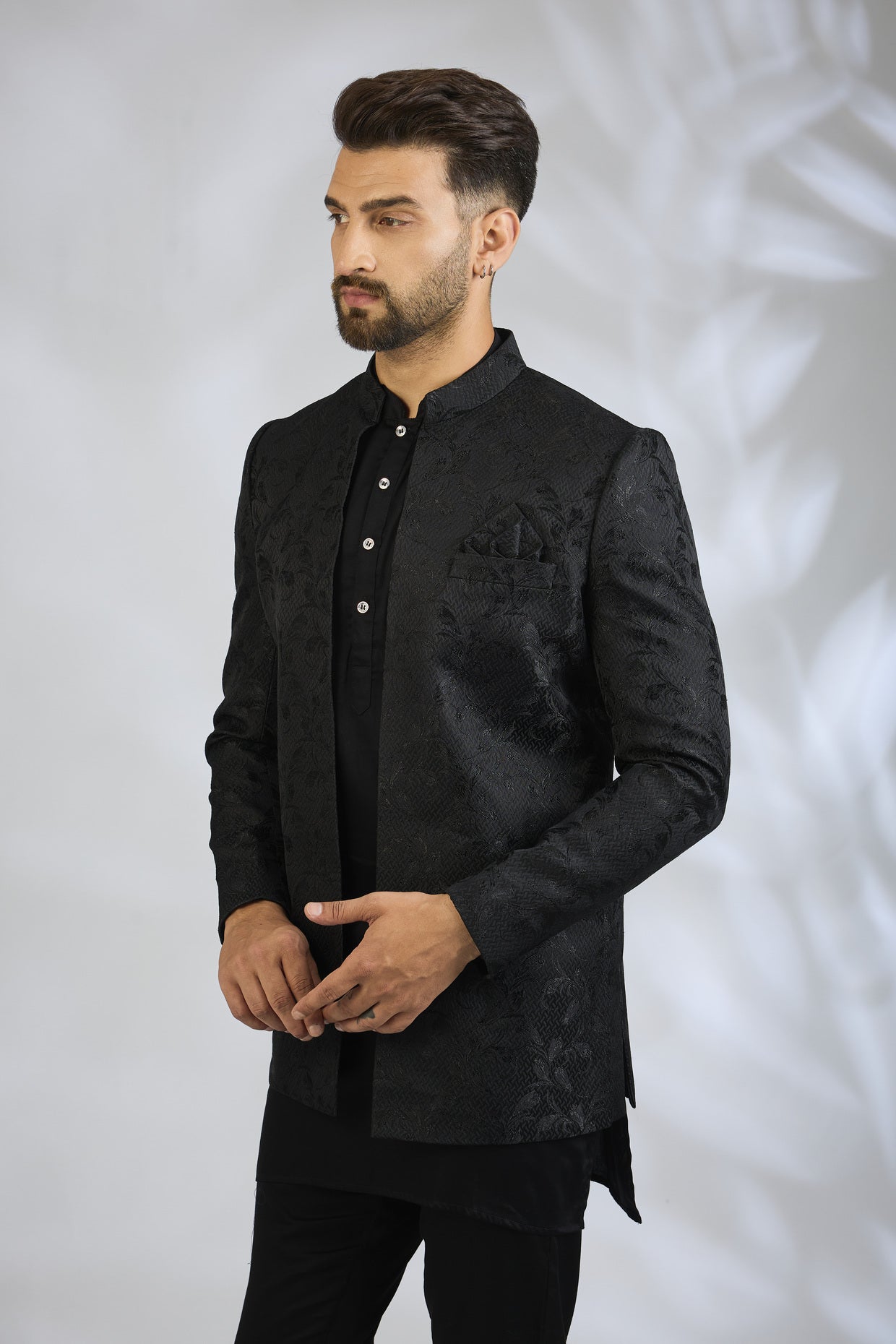 Black Botanical Embroidered Indowestern Set