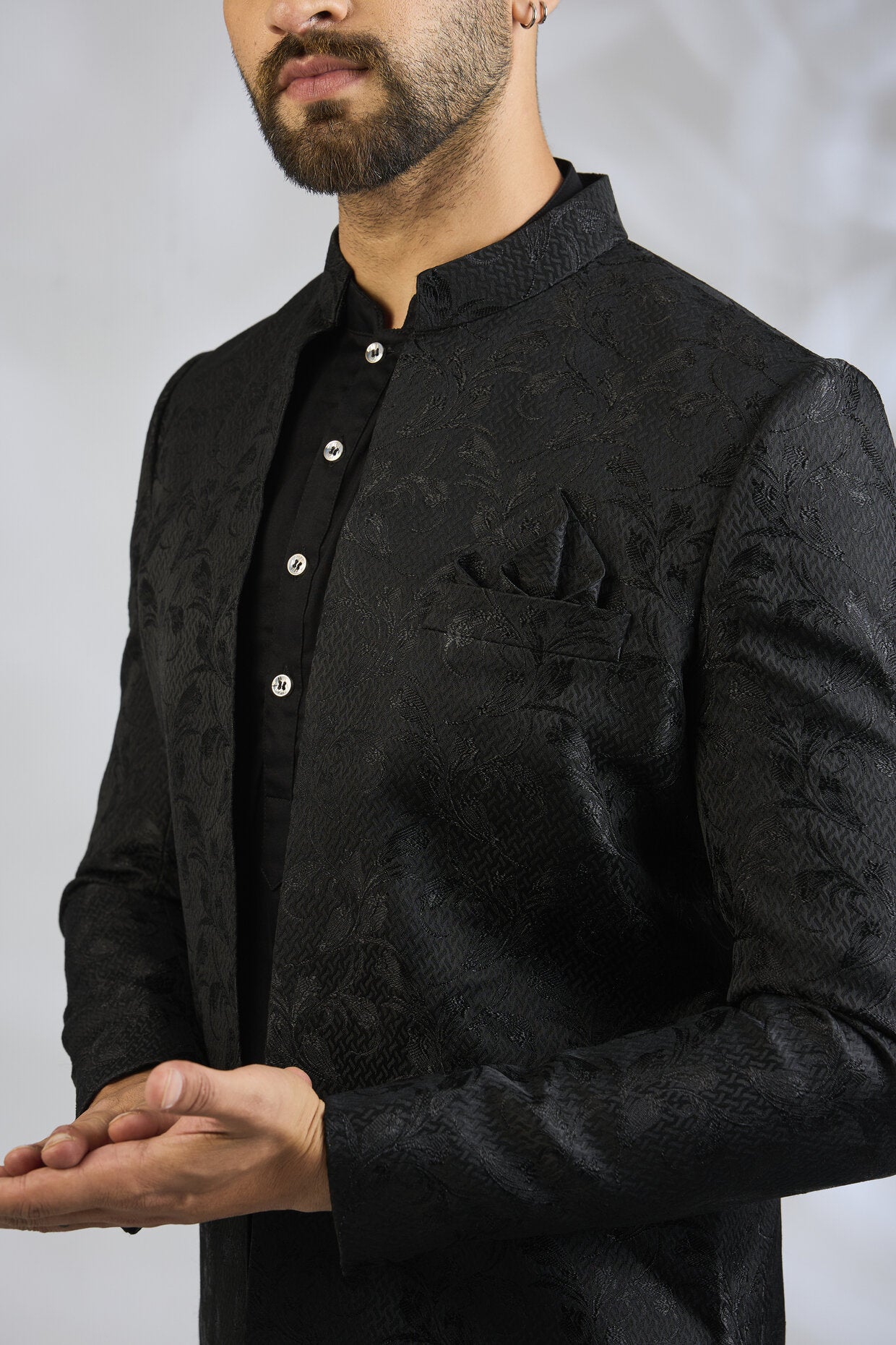 Black Botanical Embroidered Indowestern Set