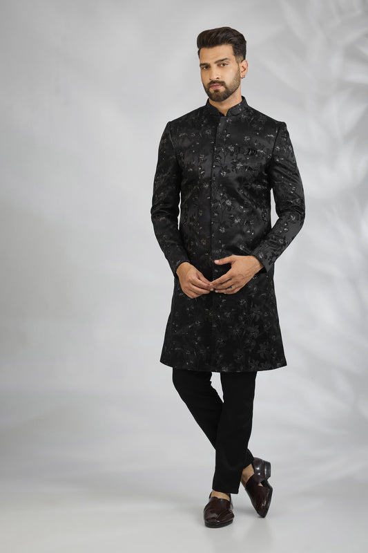 Black Floral Embroidered Sherwani Set