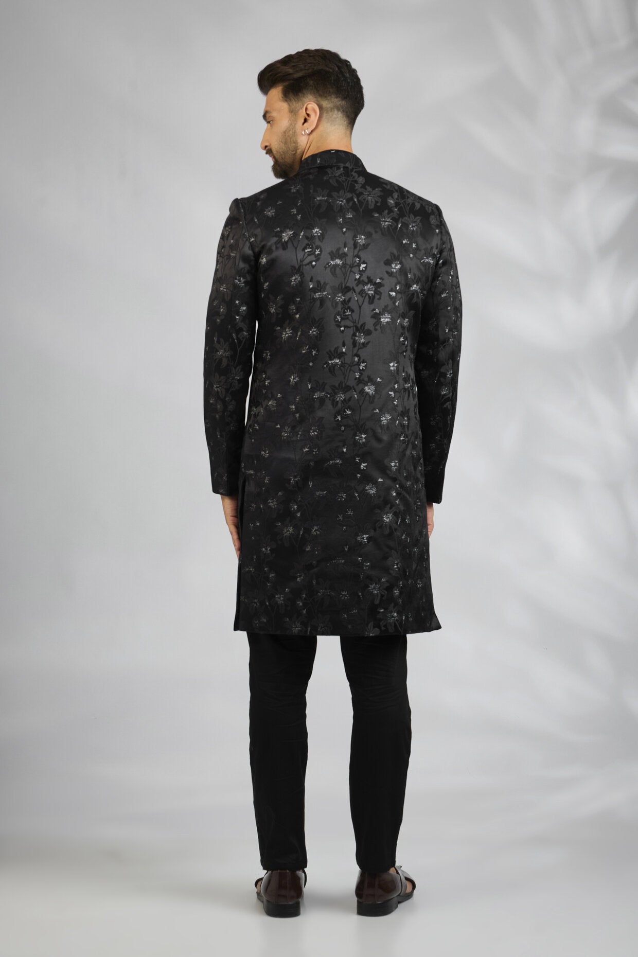 Black Floral Embroidered Sherwani Set