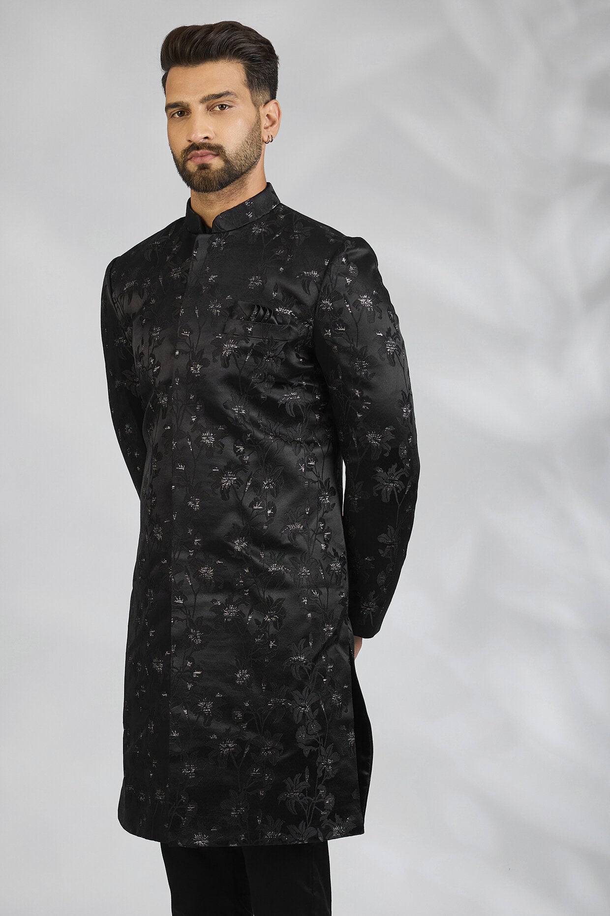 Black Floral Embroidered Sherwani Set