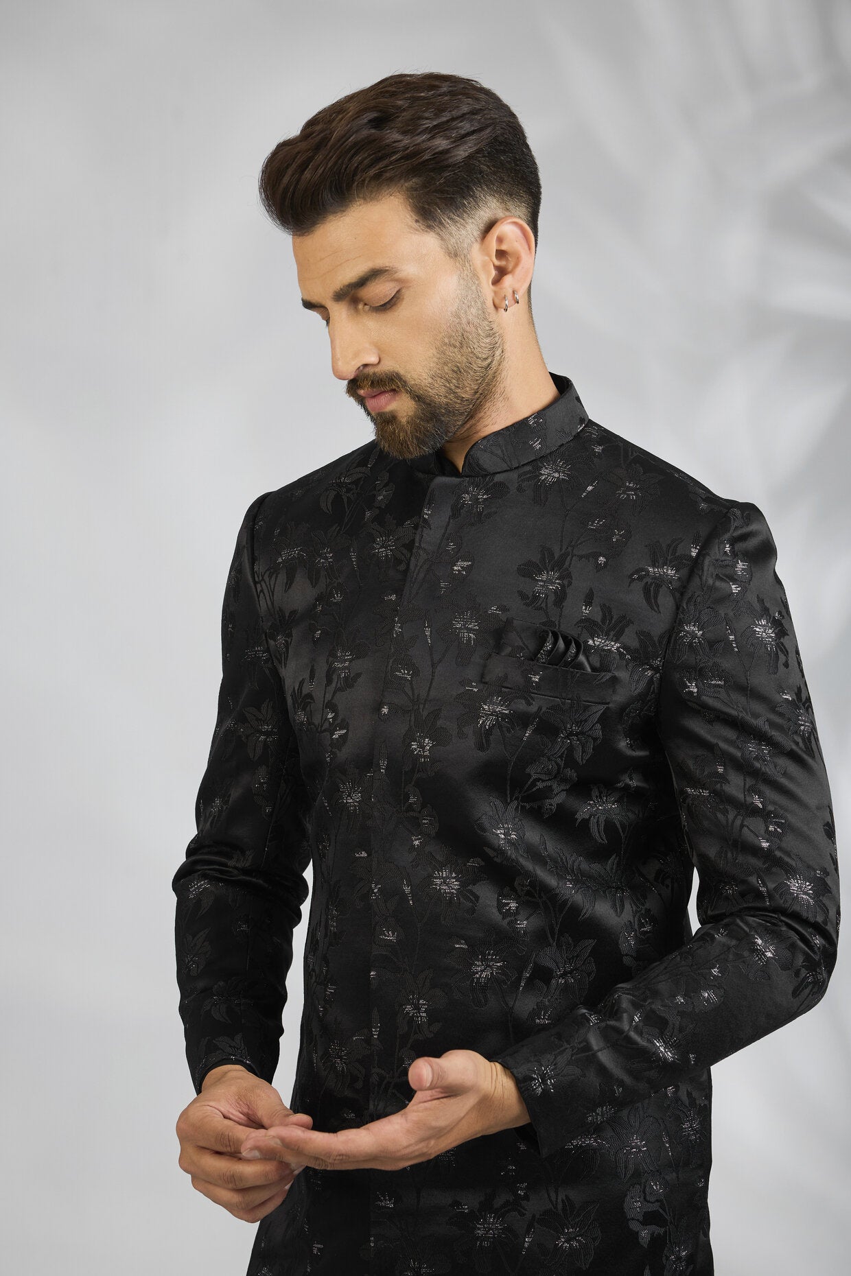 Black Floral Embroidered Sherwani Set