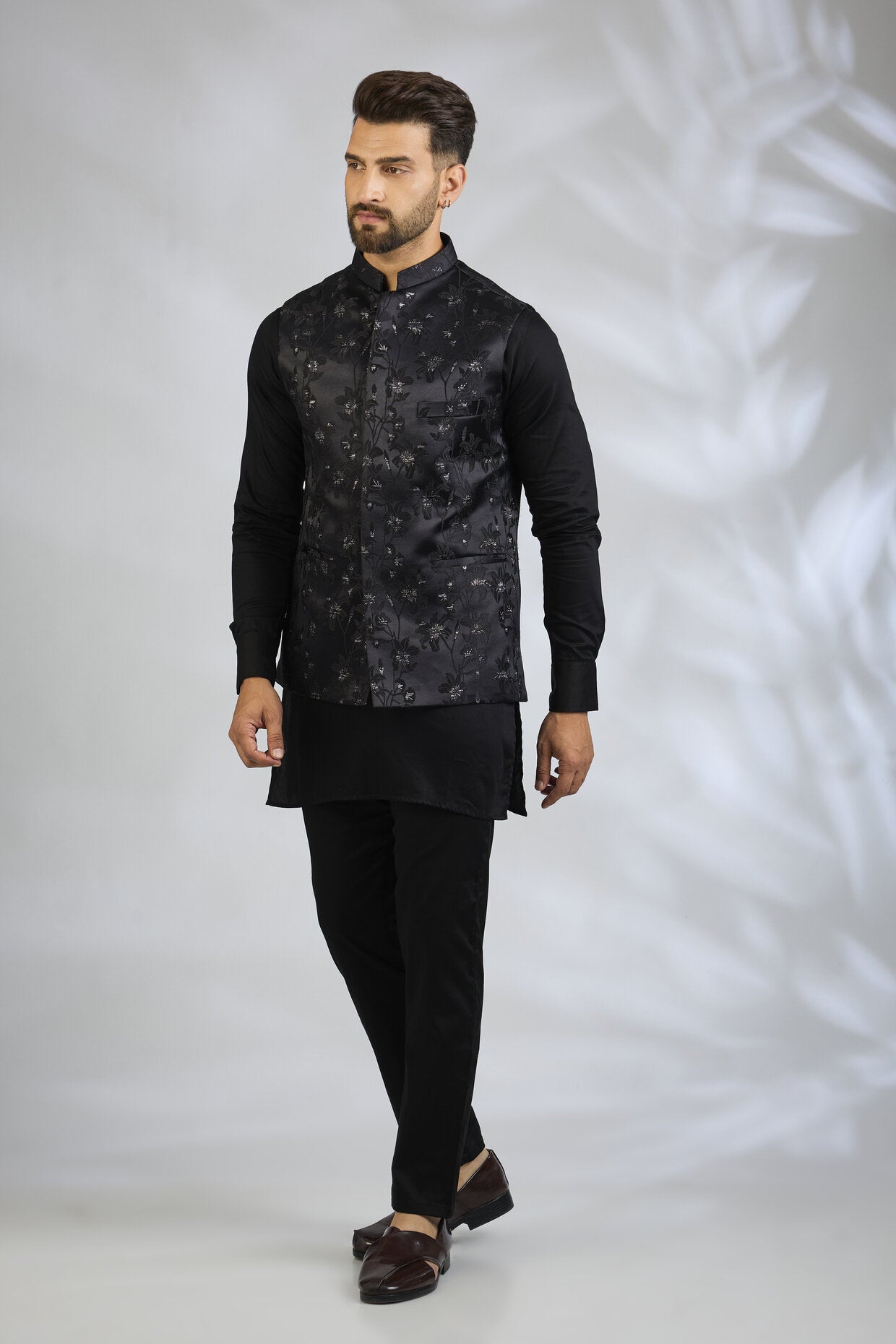 Black Floral Embroidered Bundi Jacket Set