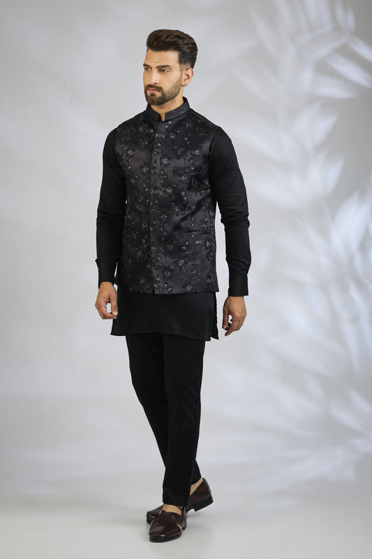 Black Floral Embroidered Bundi Jacket Set