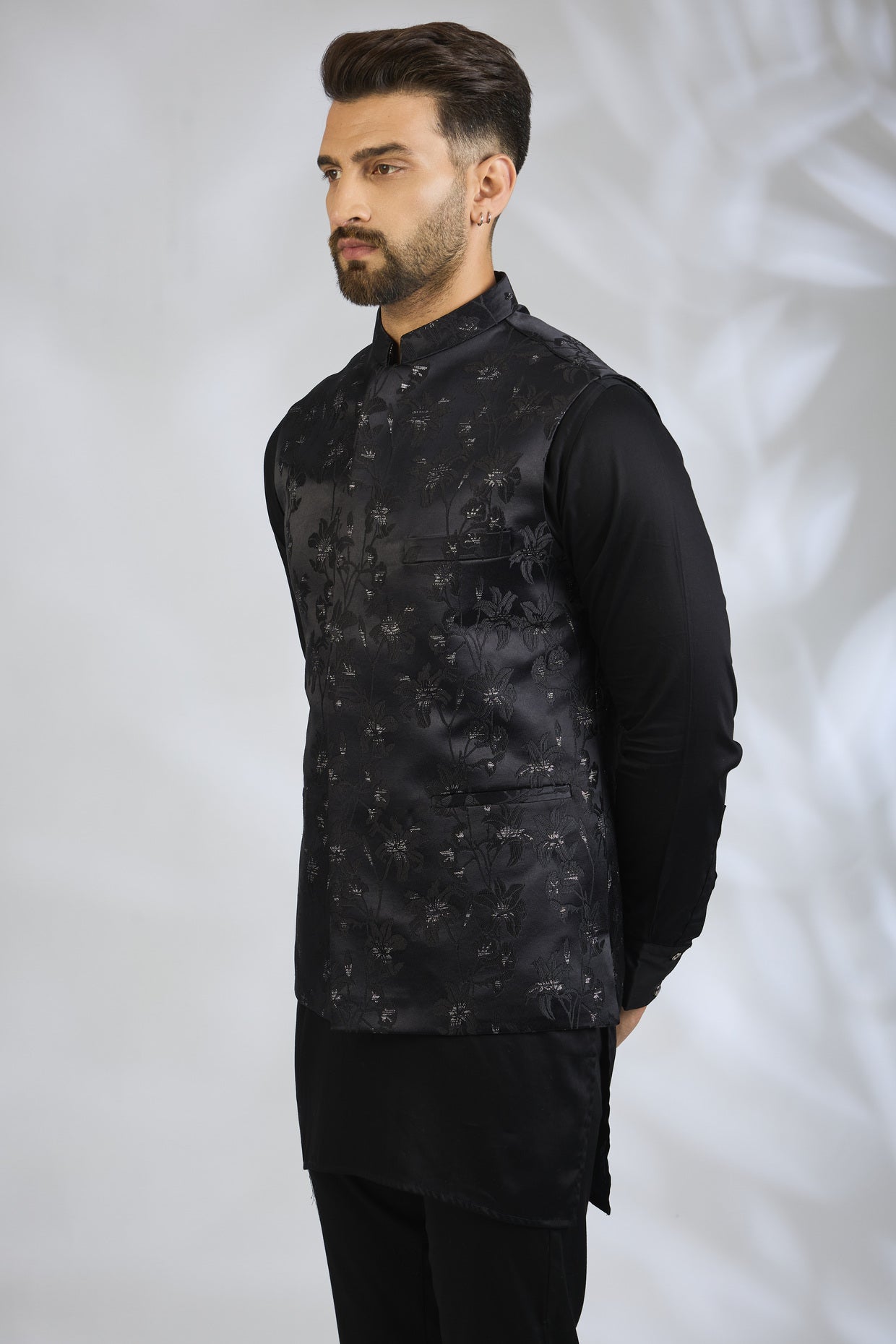 Black Floral Embroidered Bundi Jacket Set