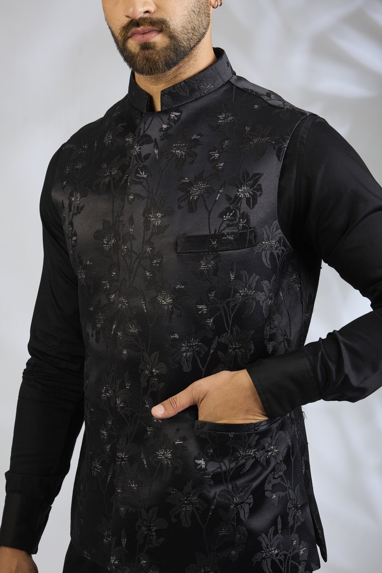 Black Floral Embroidered Bundi Jacket Set