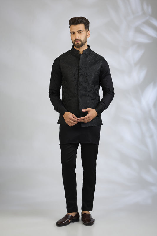 Black Botanical Embroidered Bundi Jacket Set
