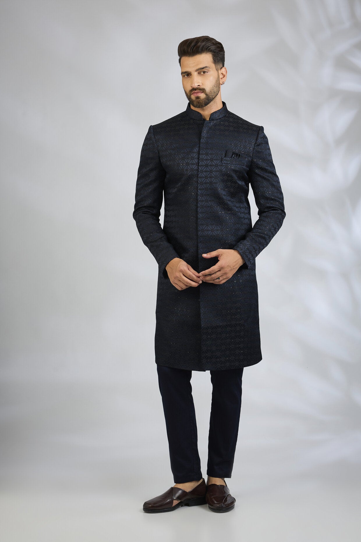 Navy Geometric Embroidered Sherwani Set