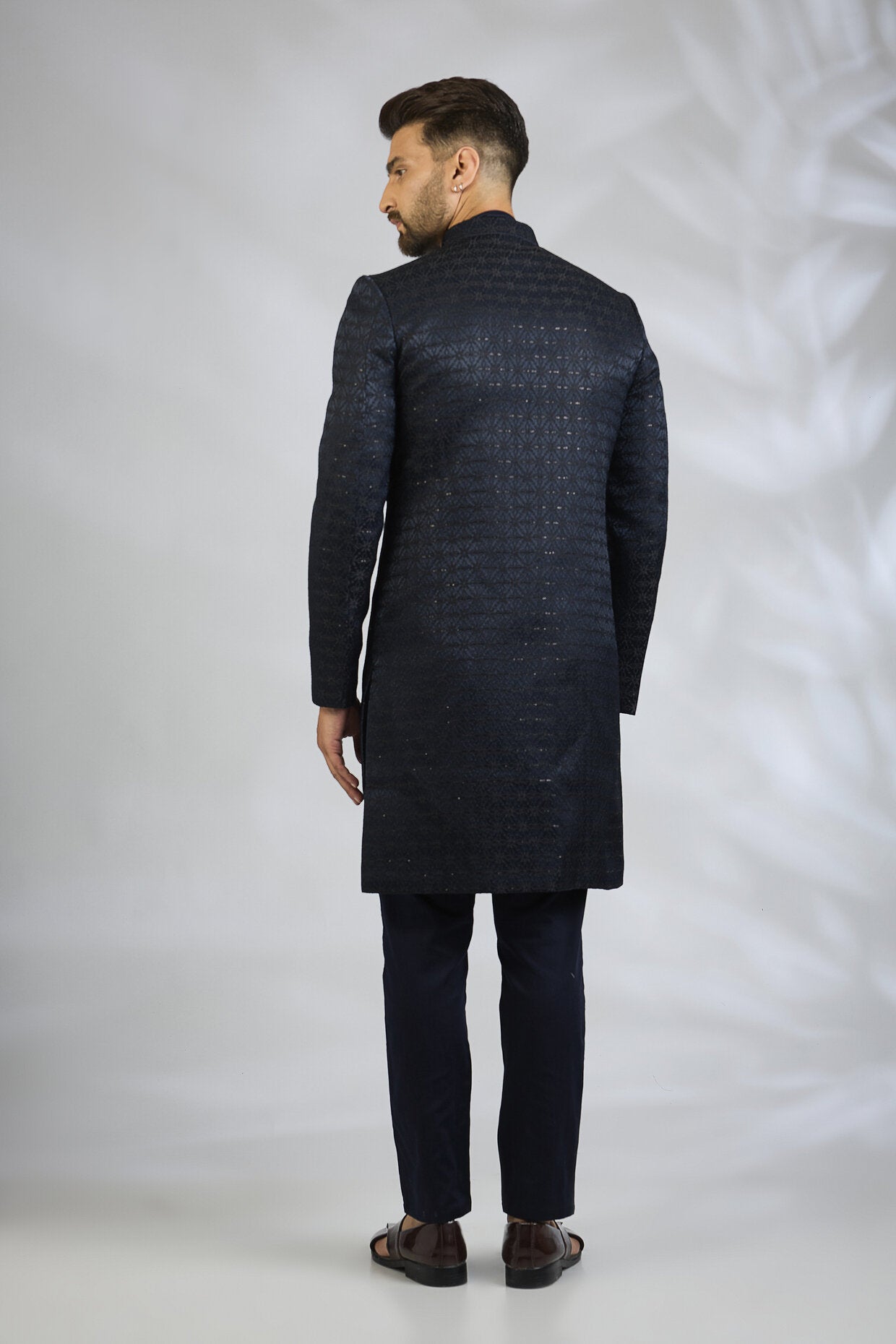 Navy Geometric Embroidered Sherwani Set