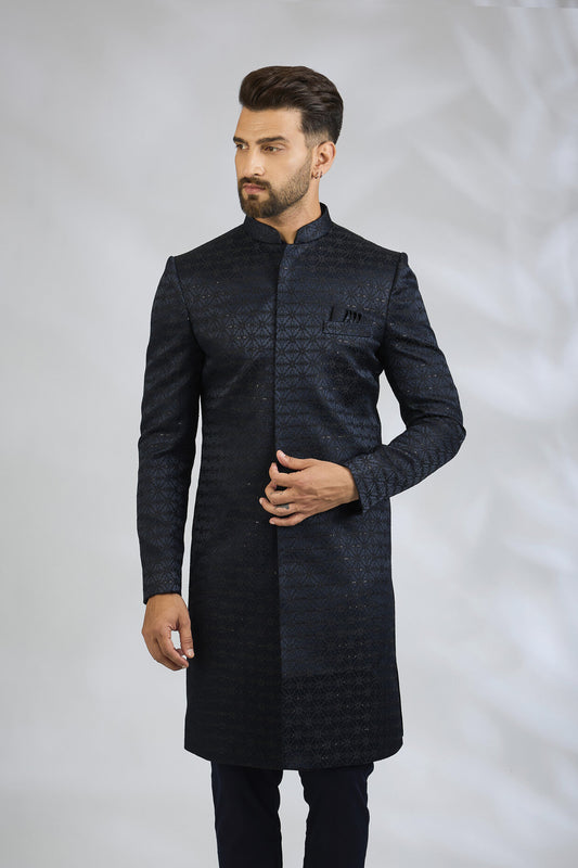 Navy Geometric Embroidered Sherwani Set