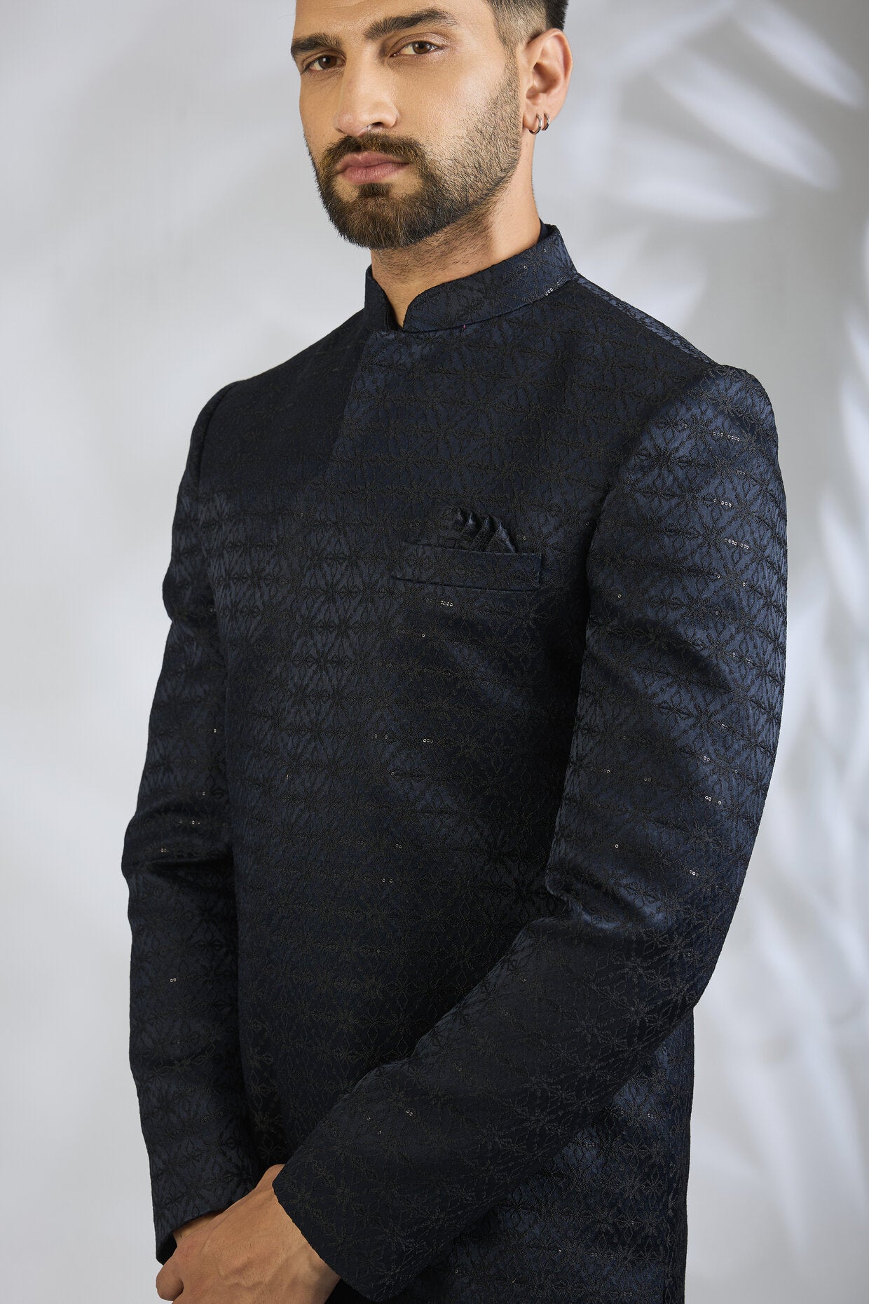 Navy Geometric Embroidered Sherwani Set