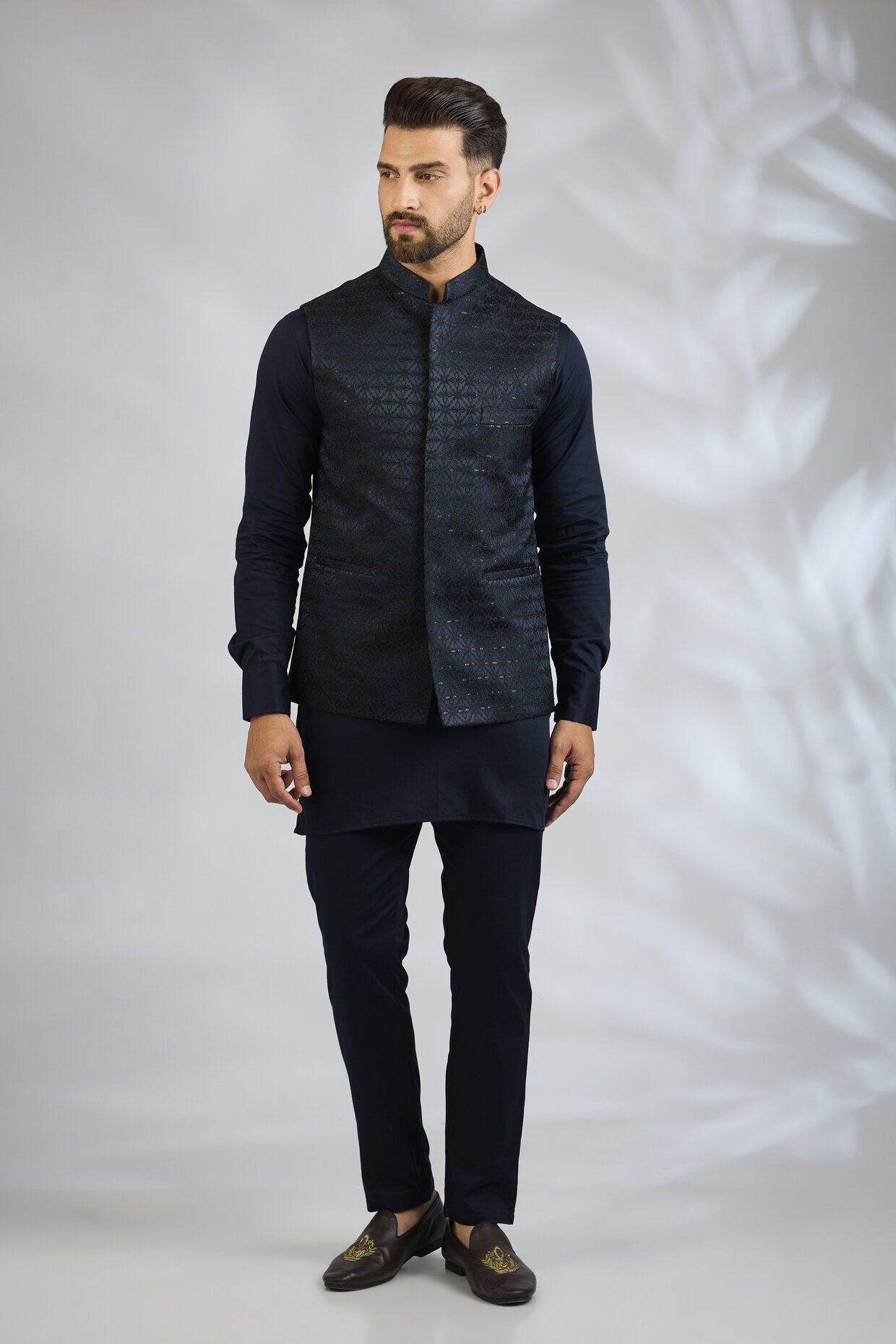 Navy Geometric Embroidered Bundi Jacket Set