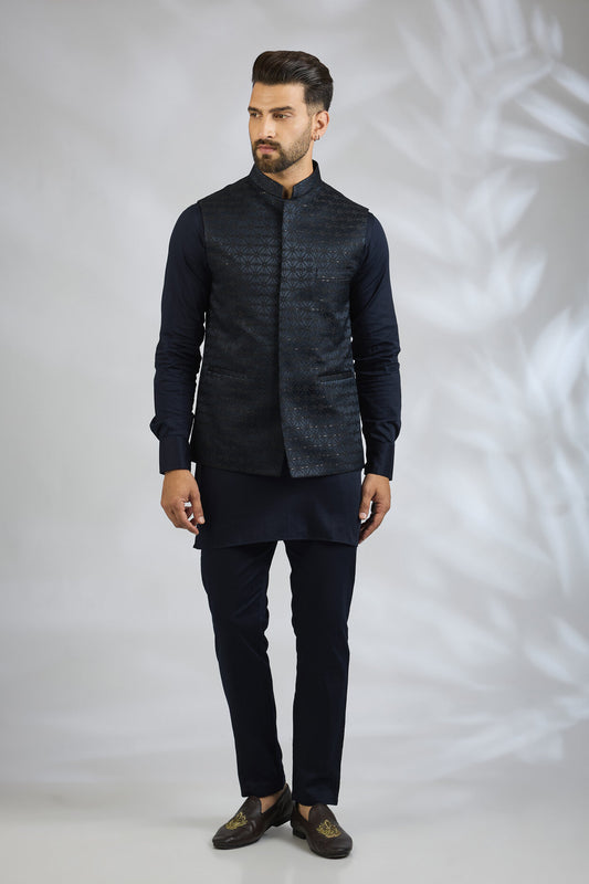 Navy Geometric Embroidered Bundi Jacket Set
