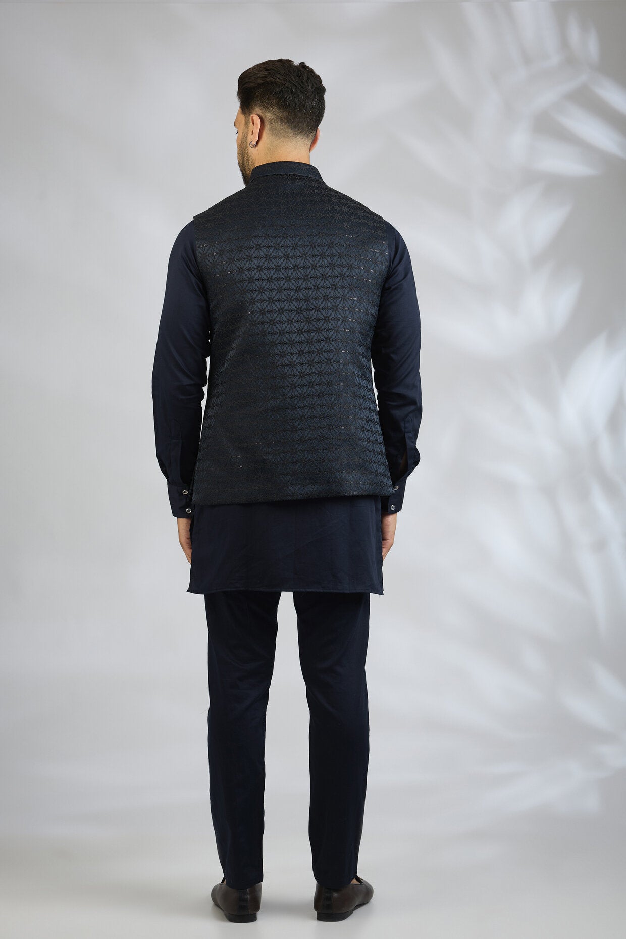 Navy Geometric Embroidered Bundi Jacket Set