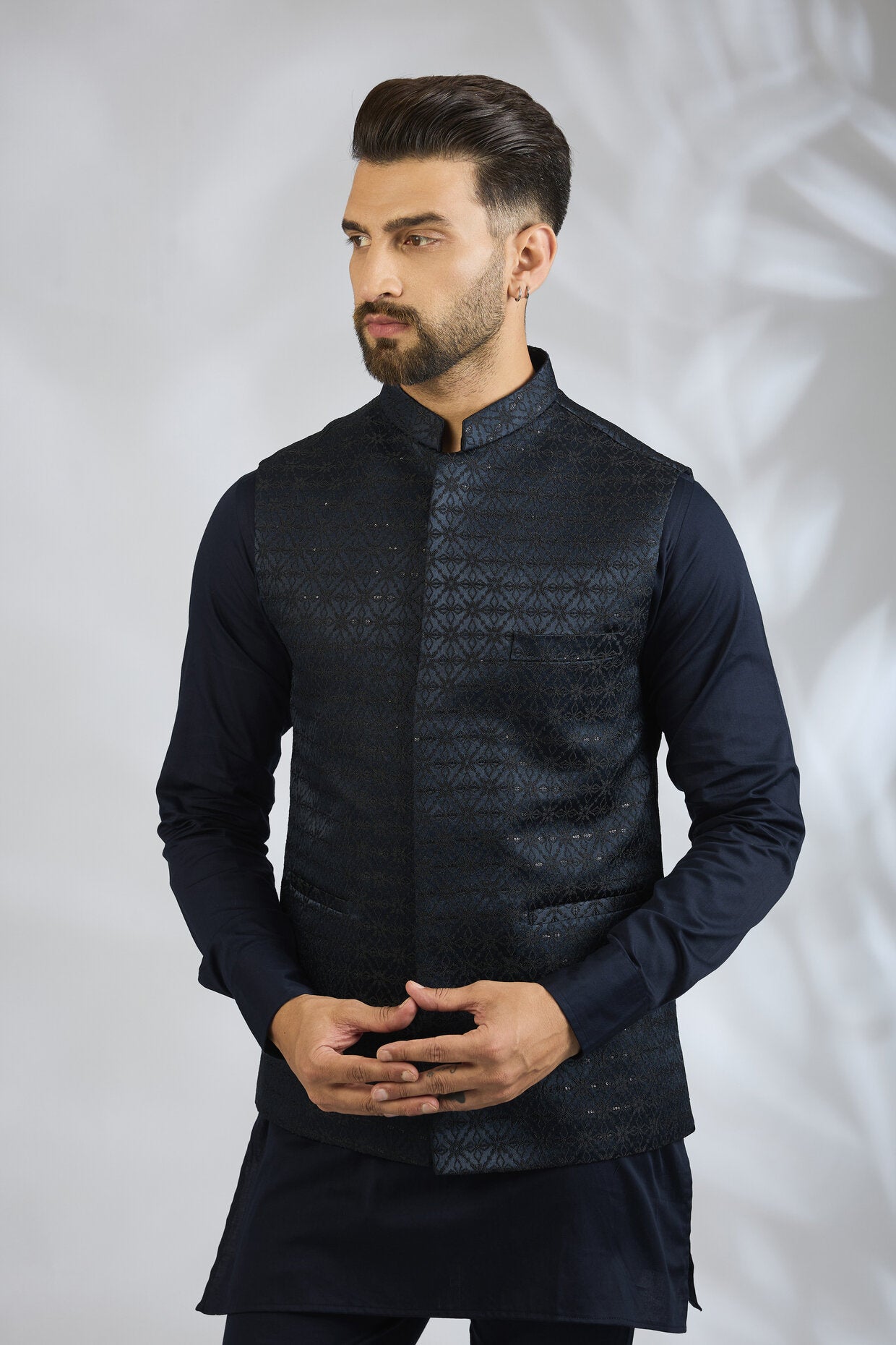 Navy Geometric Embroidered Bundi Jacket Set