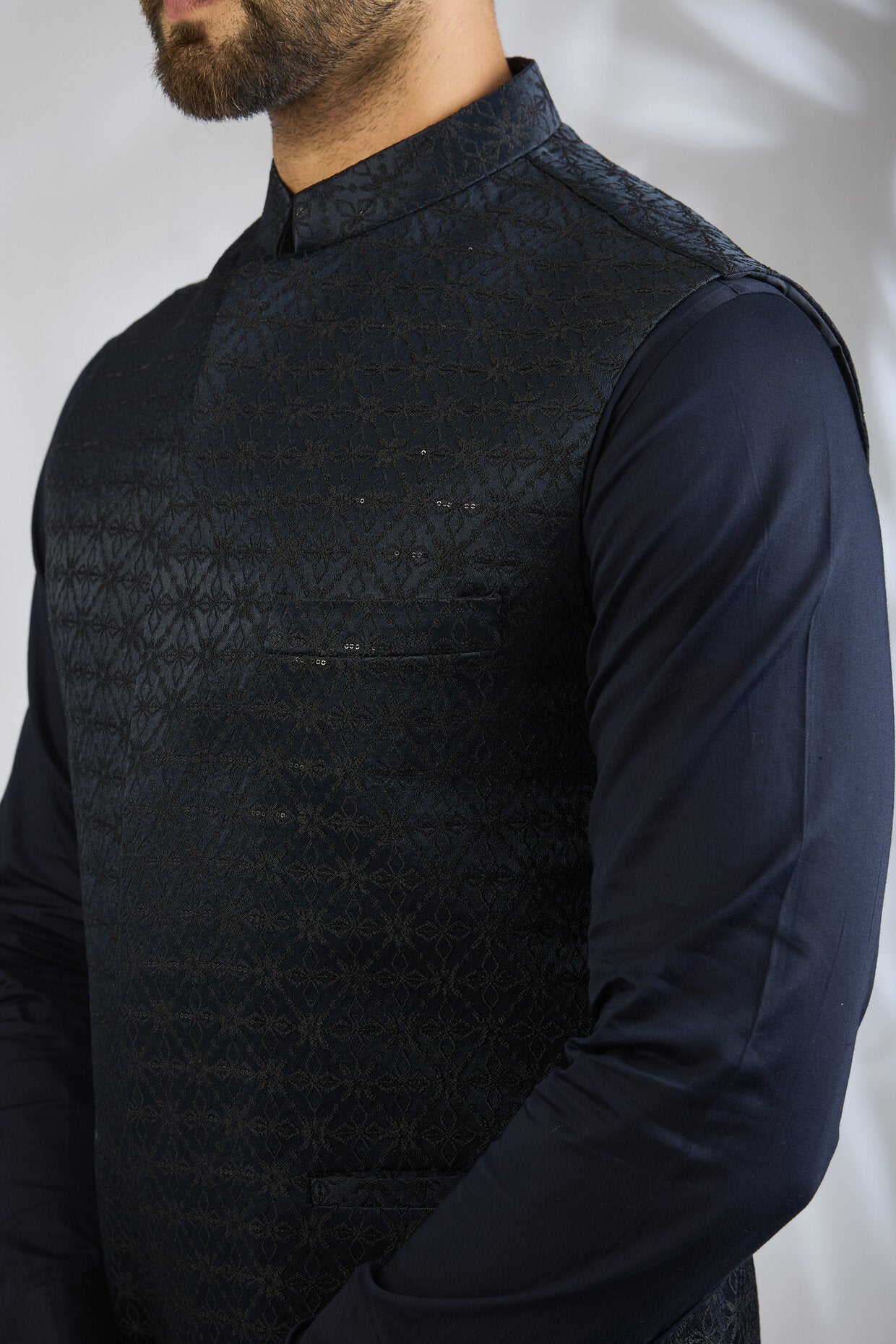 Navy Geometric Embroidered Bundi Jacket Set