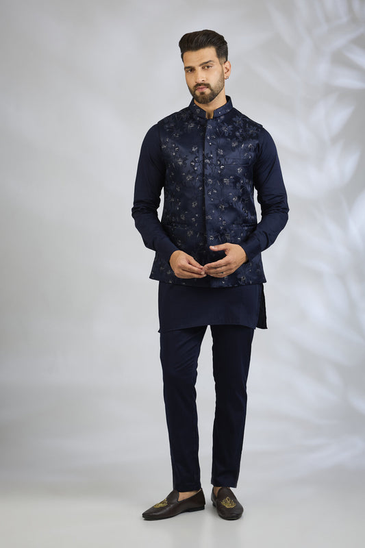 Navy Floral Embroidered Bundi Jacket Set