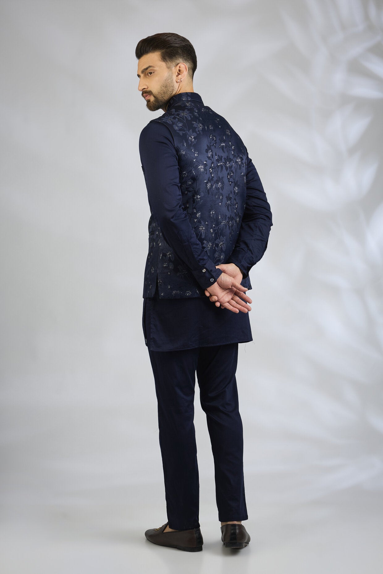 Navy Floral Embroidered Bundi Jacket Set