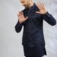 Navy Floral Embroidered Bundi Jacket Set