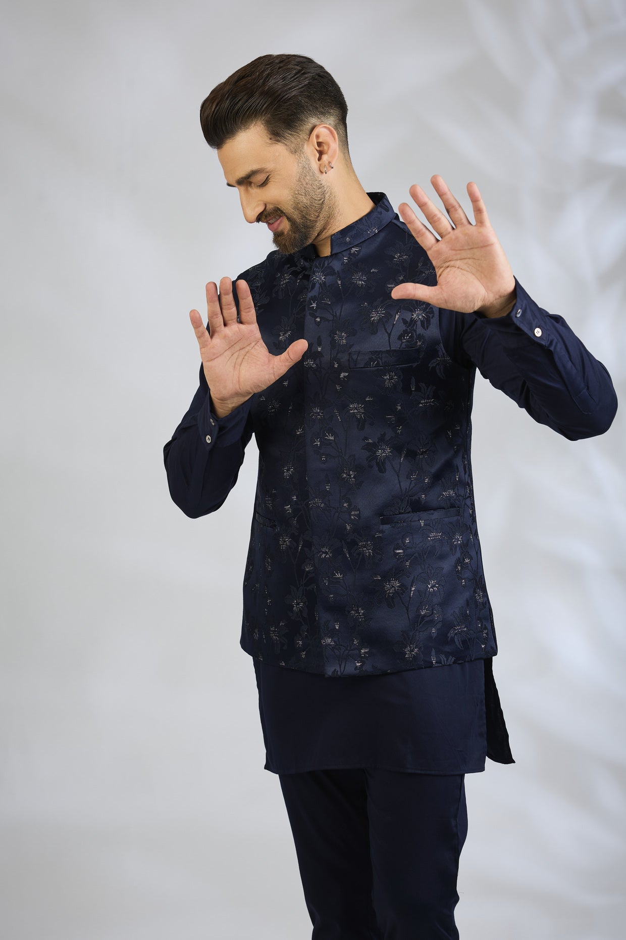 Navy Floral Embroidered Bundi Jacket Set