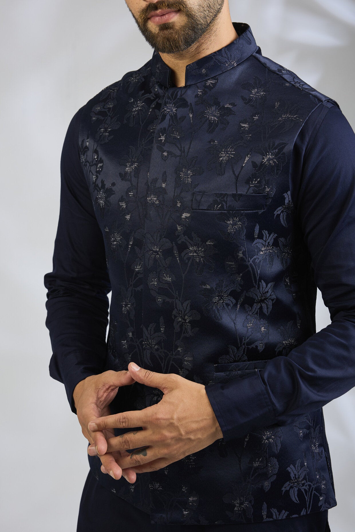 Navy Floral Embroidered Bundi Jacket Set