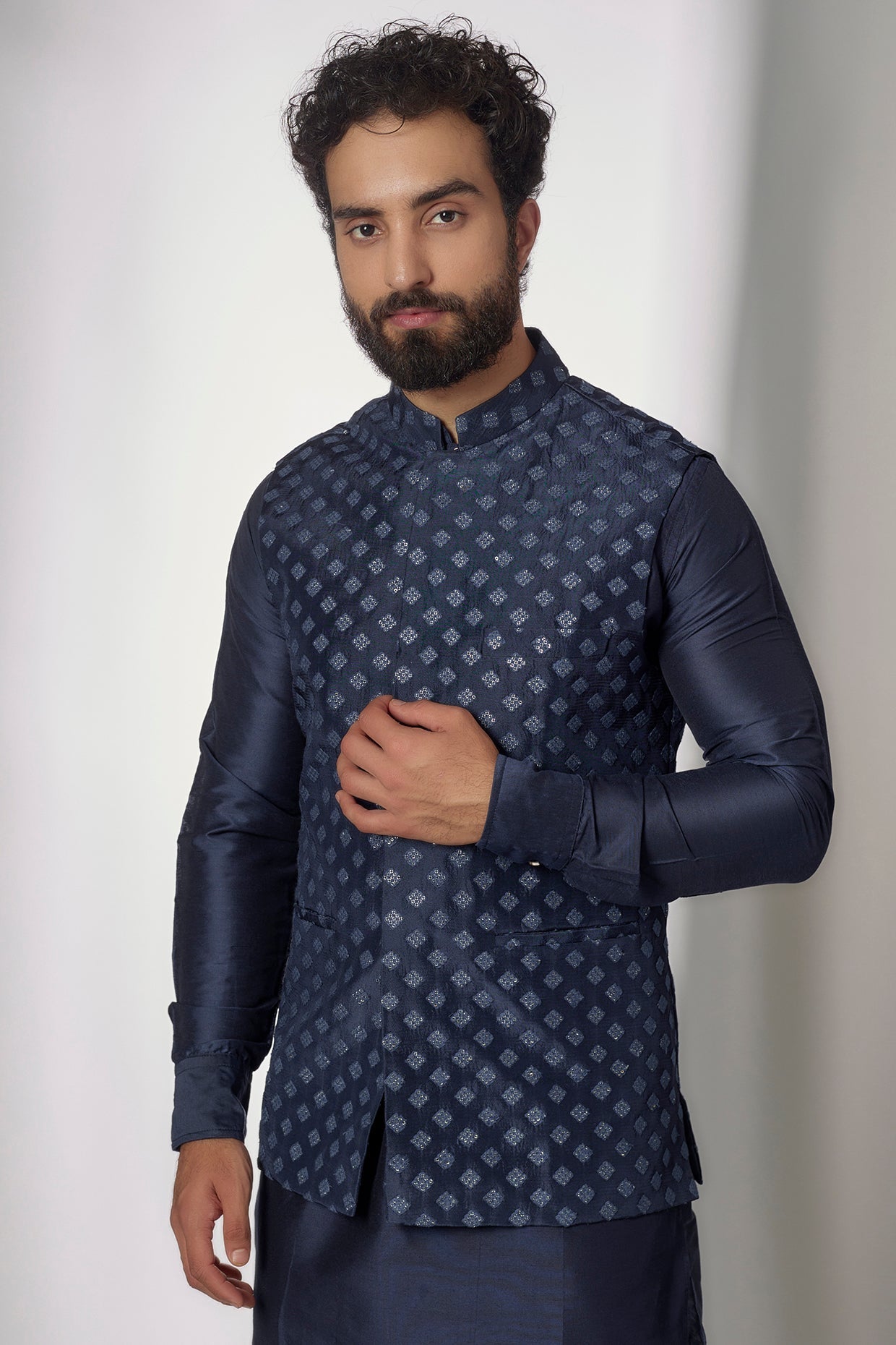 Navy Embroidered Nehru Jacket with Kurta Set - Spring Break