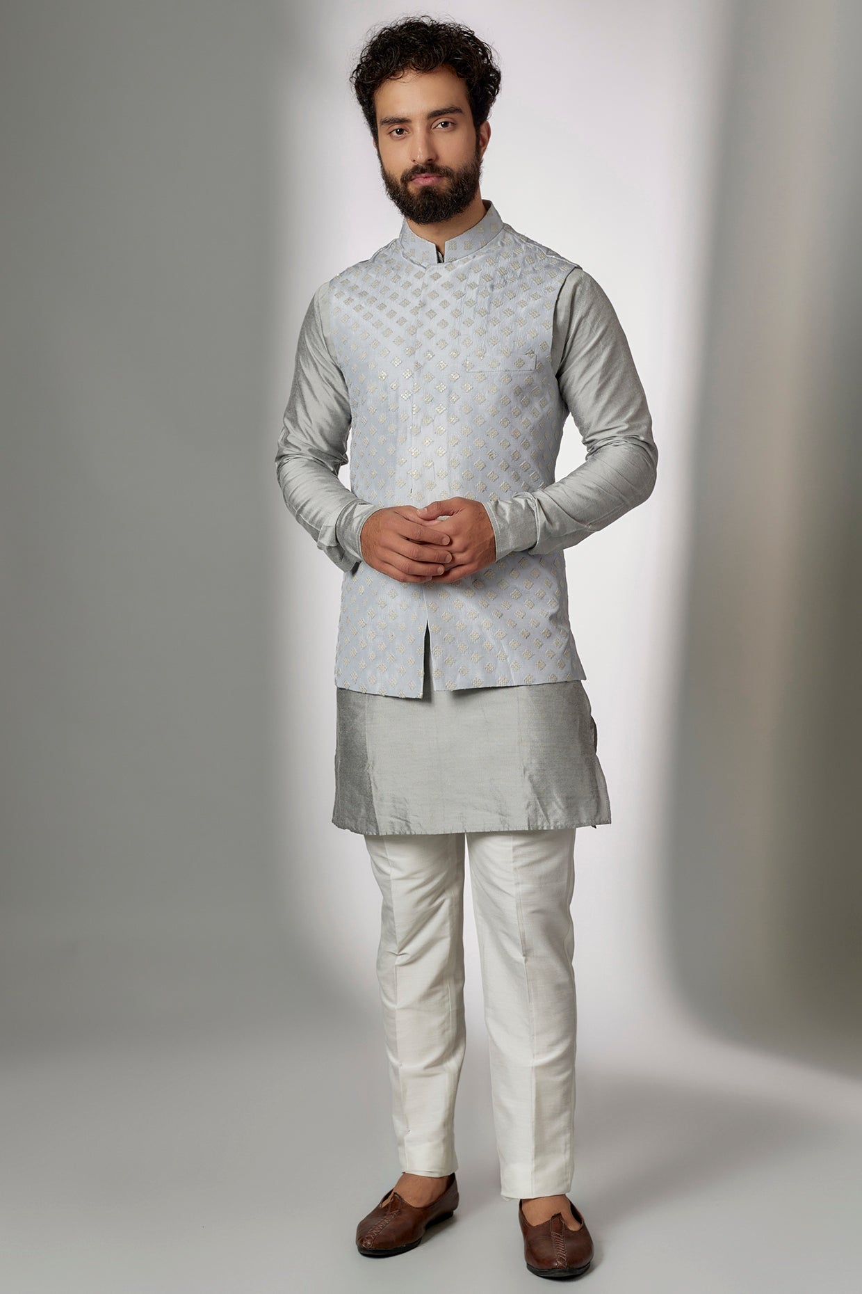 Grey Embroidered Nehru Jacket with Kurta Set - Spring Break