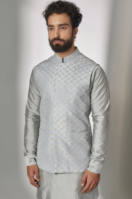 Grey Embroidered Nehru Jacket with Kurta Set - Spring Break