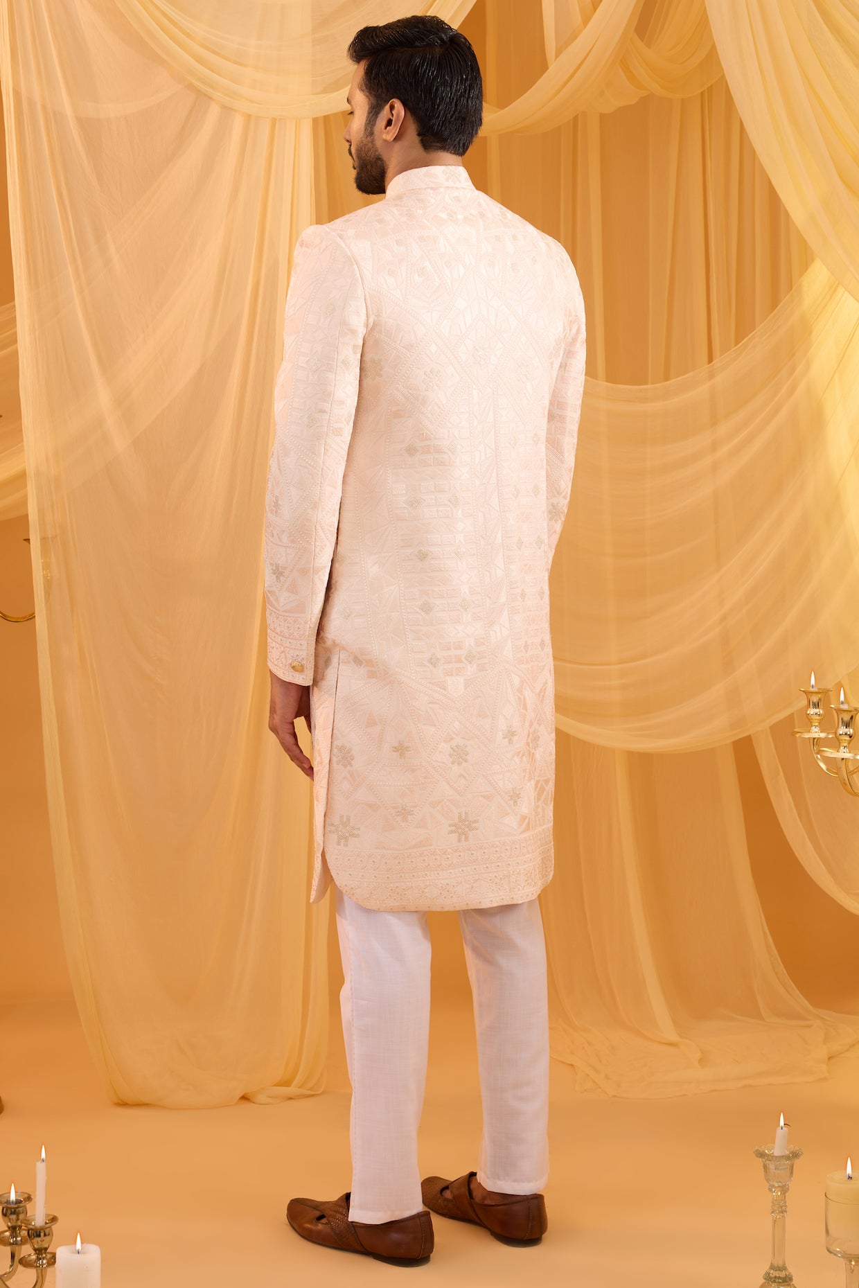 Pale Pink Lucknowi Embroidered Sherwani Set