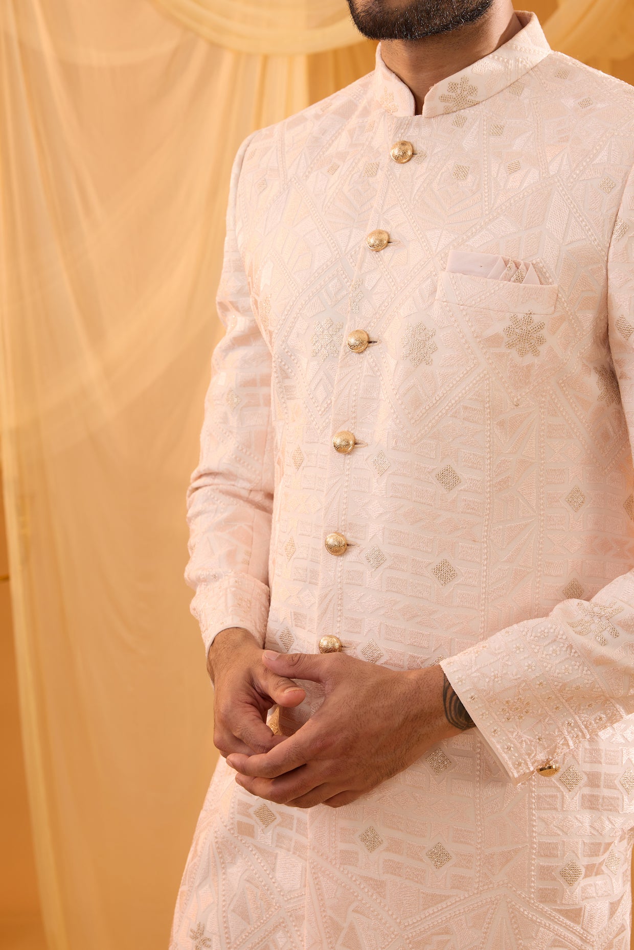 Pale Pink Lucknowi Embroidered Sherwani Set