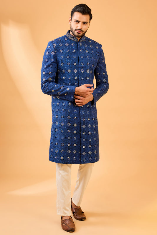Navy Blue Embroidered Sherwani Set