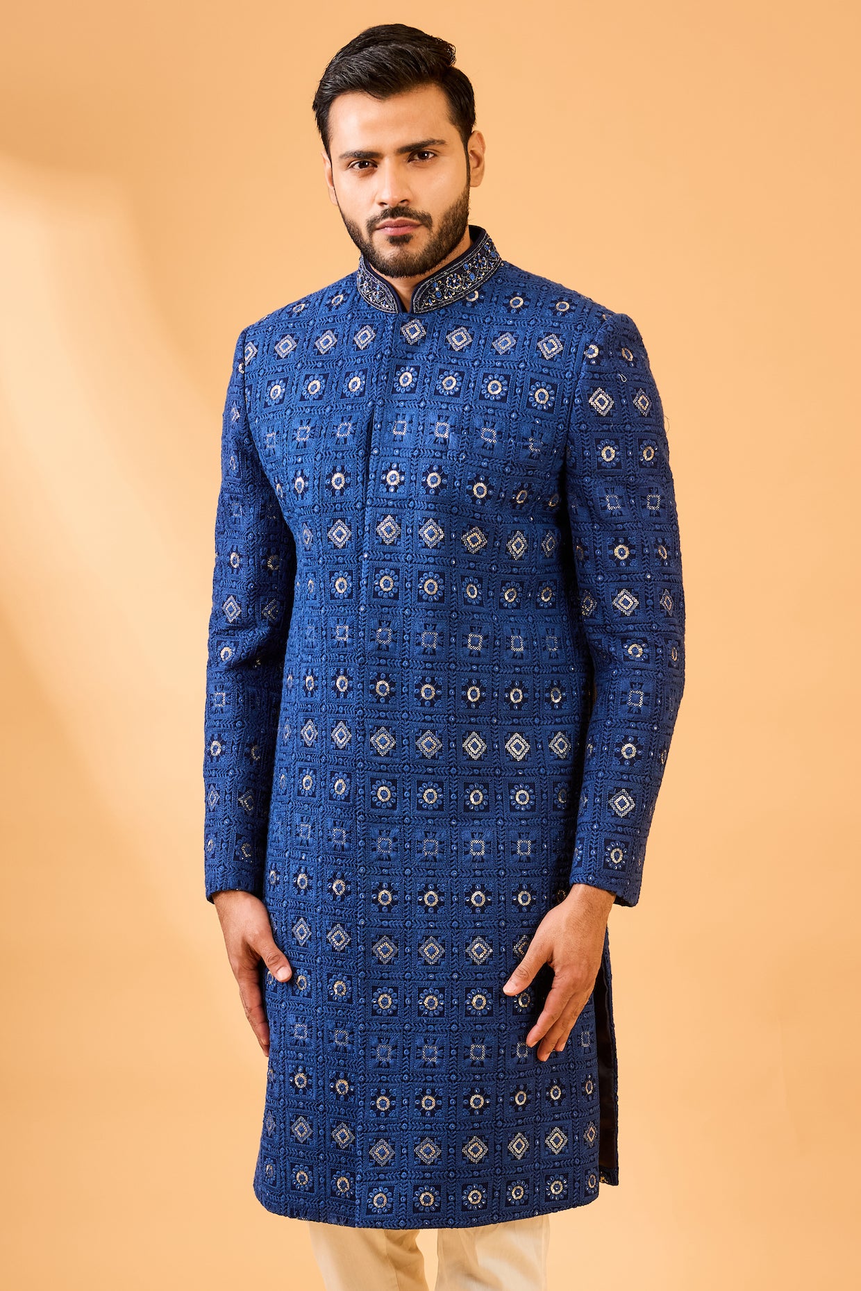 Navy Blue Embroidered Sherwani Set