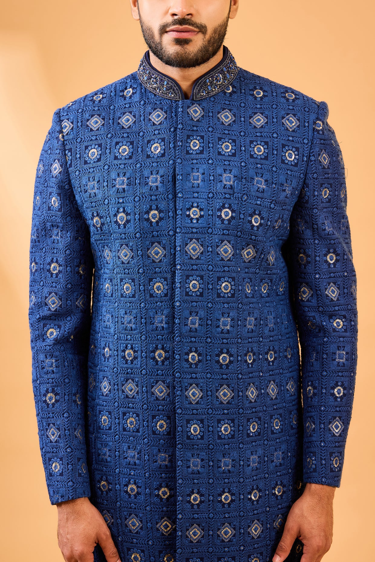 Navy Blue Embroidered Sherwani Set