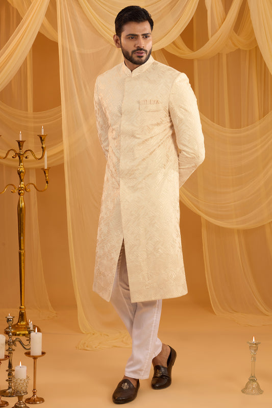 Ivory Geometric Embroidered Sherwani Set