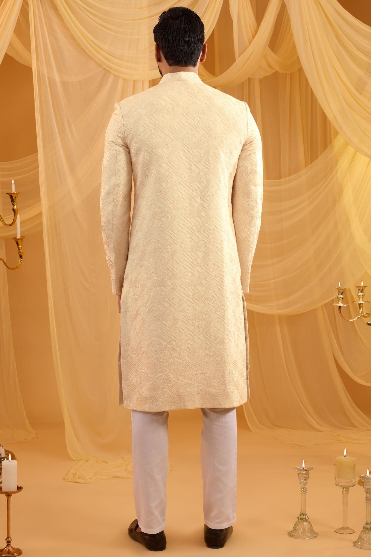 Ivory Geometric Embroidered Sherwani Set