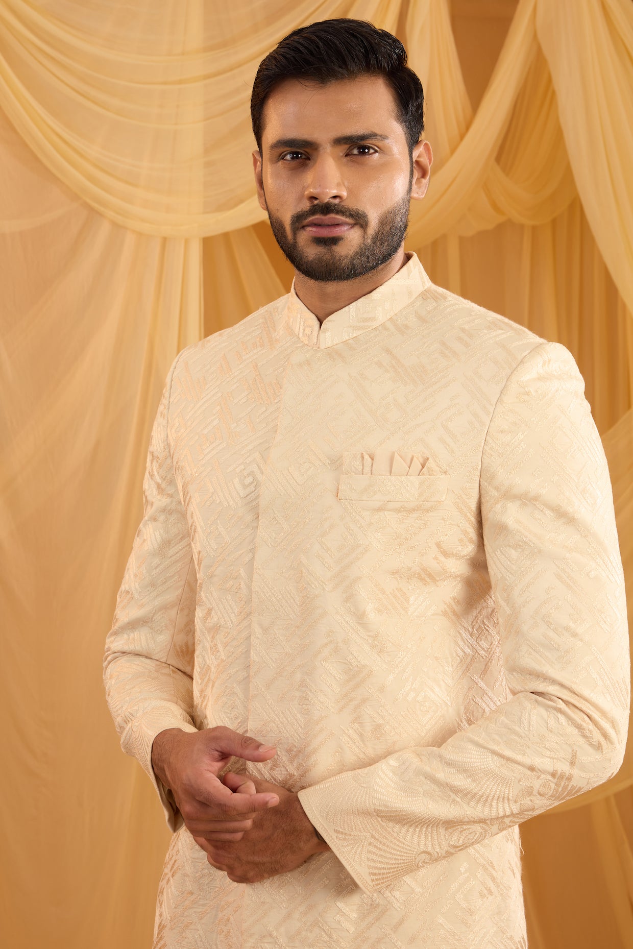Ivory Geometric Embroidered Sherwani Set
