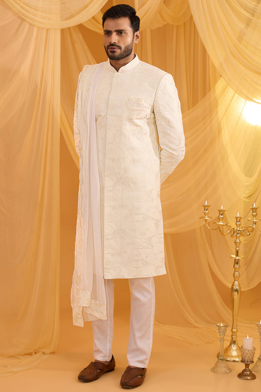 White Floral Embroidered Sherwani Set